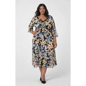 Shani Womens 14 Black Floral Twist Front Midi Dress 3/4 Sleeve Work Party